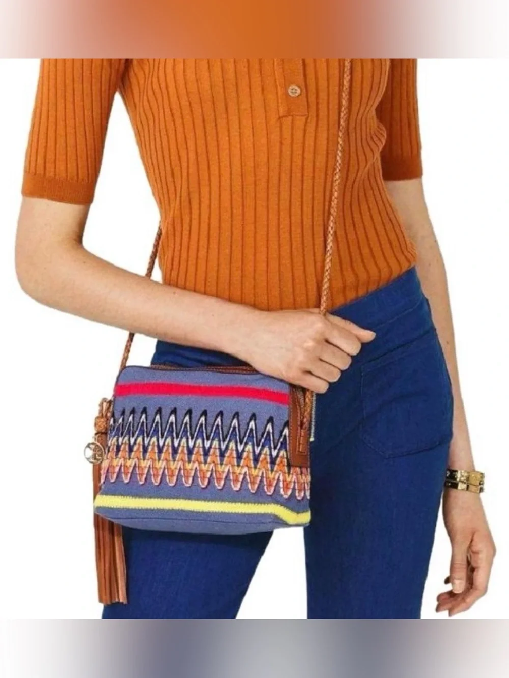 Tory Burch Chambray Blue Multicolor Taylor Embroidered Camera Bag